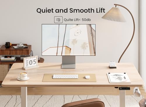 BANTI 63 × 28 Inches Standing Desk, Ergonomic, Electric Height Adjustable, Sit and Stand Up, Computer Desk with a Deeper Desktop, White Frame/Maple Top BANTI