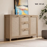 SICOTAS 52" Larger Sideboard Buffet Coffee Bar Cabinet with Storage - Farmhouse Rattan Credenza Storage Cabinet with 3 Drawers and 2 Doors, Boho Console Table for Living Room, Kitchen, Light Oak SICOTAS