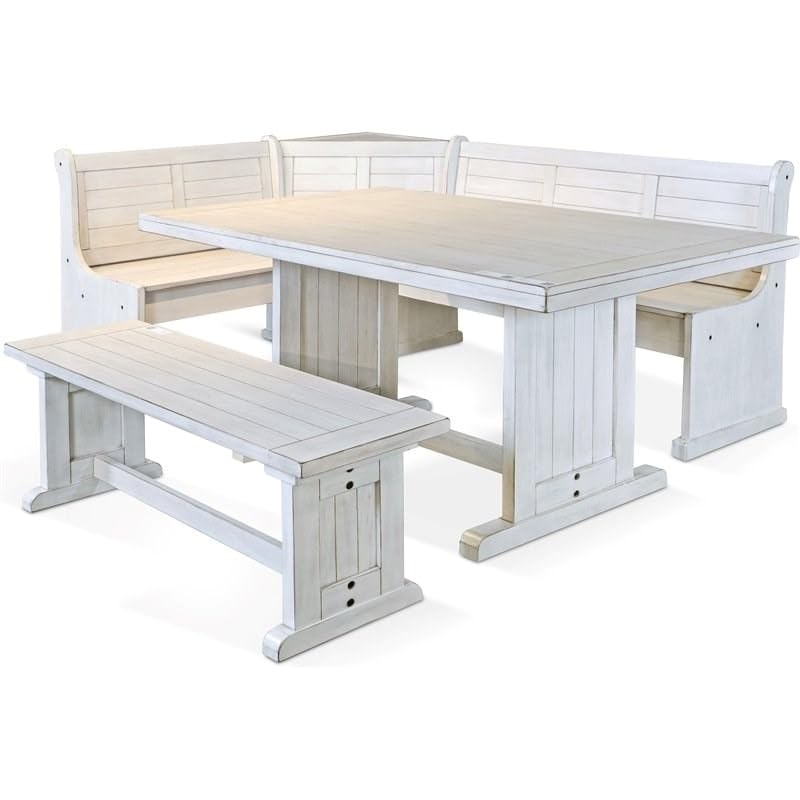 Pemberly Row Farmhouse Wood Kitchen Corner Breakfast Dining Nook Set with Hidden Storage in Marble White - WoodArtSupply