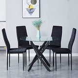NIERN Round Tempered Glass Dining Table Set for 4, 5-Piece Modern Kitchen Table Set with 4 Upholstered Chair for Kitchen Dining Room (Deep Black) NIERN