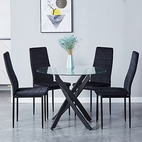 NIERN Round Tempered Glass Dining Table Set for 4, 5-Piece Modern Kitchen Table Set with 4 Upholstered Chair for Kitchen Dining Room (Deep Black) NIERN