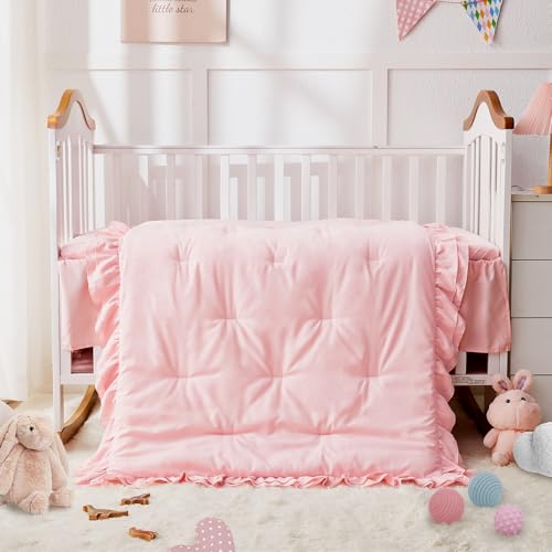 Wowelife Girl Crib Bedding Set, 3-Piece Crib Comforter Set for Girls, Boho Ruffle Pink Nursery Bedding Set Include Crib Comforter, Crib Fitted Sheet and Crib Skirt, Pink Wowelife