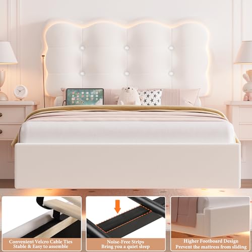 HIFIT 2 Set Upholstered Twin Size LED Bed Frame with Charging Station, Adjustable Crystal-Tufted Puffs Headboard, Velvet Girls Floating Twin Platform Bed Frames for Kids with Under Bed Lights, Beige HIFIT