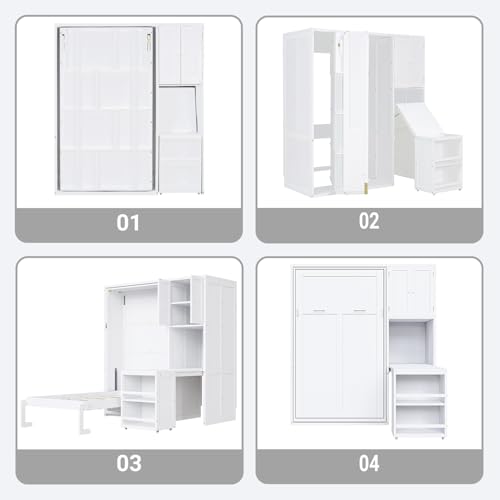 SOFTSEA Twin Size Murphy Bed with Desk, Bookshelf & Storage Cabinets, Space-Saving Foldable Wall Bed with Extendable Desk, White SOFTSEA