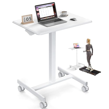 NEWBULIG Small Standing Desk Mobile Rolling Laptop PC Desk on Wheels Adjustable Height Computer Workstation Portable Modern Table for Home Office Bedroom, Modern White NEWBULIG