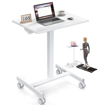 NEWBULIG Small Standing Desk Mobile Rolling Laptop PC Desk on Wheels Adjustable Height Computer Workstation Portable Modern Table for Home Office Bedroom, Modern White