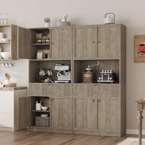 IDEALHOUSE Tall Storage Cabinet, 70" Kitchen Pantry Cabinet with Doors, Fluted Kitchen Hutch Cupboard with Microwave Shelf & Drawer, Freestanding Cupboard for Dining Room, Living Room, Gray IDEALHOUSE