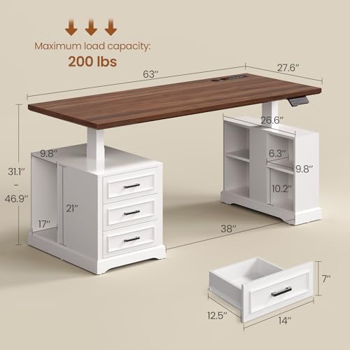SEDETA Farmhouse Electric Standing Desk, 63" Height Adjustable Computer Desk with 3 Drawers, Storage Shelves, Power Outlets, Wood Home Office Stand up Desk for Work, Study, Writing, White SEDETA