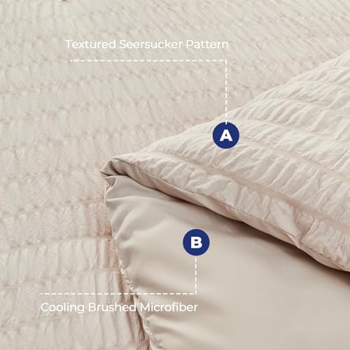 HYMOKEGE Beige Duvet Cover Queen Size, Ultra Soft 3-Piece Seersucker Duvet Cover Set with Zipper Closure, Soft Brushed Microfiber Bedding Set with 8 Corner Ties (90"x90", 2 Pillowshams) HYMOKEGE