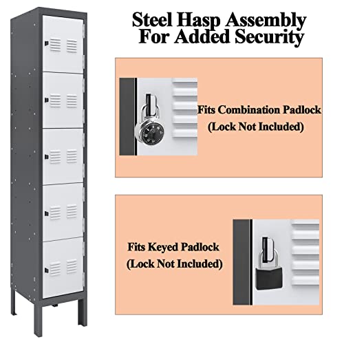 KAER Metal Lockers for Employees,5-tier Storage Locker,Locker Cabinet for Home Gym Office School Garage with Mirror,Screwdriver,Gloves,Unassembled (Grey+White, 5-Tier) - WoodArtSupply