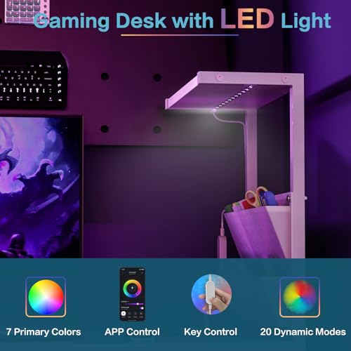 Jakyitvi 33.7" Computer Desk with Power Outlets, LED Lights & 2 Drawers, Small Office Desk with Storage Bag & Hooks, Gaming Desk for Bedrooms or Home Office, Compact Study Desk for Small Spaces，White Jakyitvi