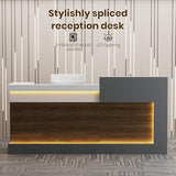 Laxodor 86.6“L-Shaped Reception Desk with Counter,Modern Reception Desk,Front Counter Table with Adjustable File Cabinet & Keyboard Tray,for Office, Hotel,Financia/Law Firms (Brown+Gray+White) Laxodor