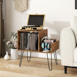 GOFLAME Record Player Stand, Turntable Stand with Charging Station, Vinyl Storage End Table with Metal Legs, Mid-Century Record Player Table for Study, Bedroom, Living Room, Rustic Brown GOFLAME