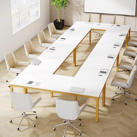 Tribesigns 78.74-Inch Conference Table Set,13FT Conference Room Table, Large Rectangle Meeting Seminar Tables Set,Long Business Tables (Chair not Included) (2, White+Gold, 2 Pack) Tribesigns