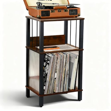 DGSANDGO Mid-Century Now Playing Vinyl Record Stand, Record Player Stand, End Table with Charging Station, 3 Tier Rustic Brown w/Guard Rails, Holds 100 Vinyl Albums, for Living Room Bedroom Office DGSANDGO