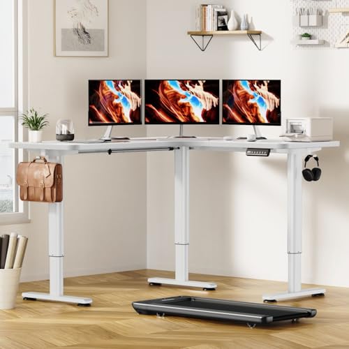 Flycity Electric L Shaped Standing Desk Adjustable Height, 63" x 55" Corner Stand Up Desk, Home Office Desk, Dual Motor Sit Stand Desk, Computer Desk with 3 Memory Preset & Lock, White Flycity