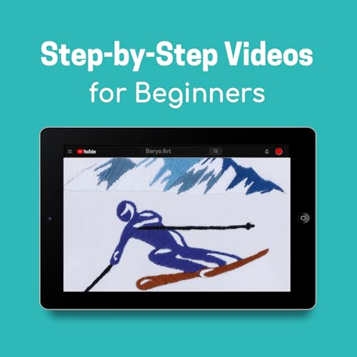 Embroidery Kit for Adult Beginners,Skiers Snow Mountain Embroidery Kit with Step-by-Step Instructions & Video,Printed Cloth,7.87" Hoop,Display Stand,Color Threads and Tools for Craft Lover(BES012)
