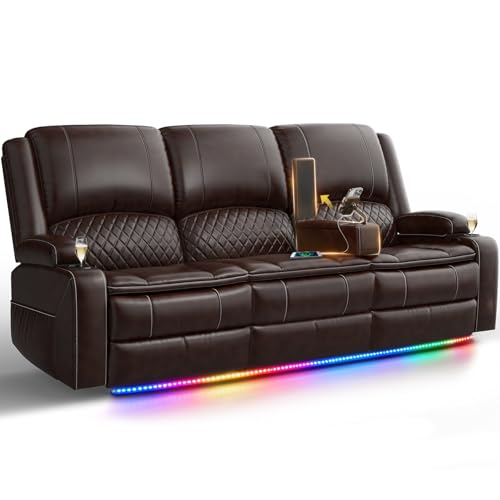 MOSGAT 2026 Upgraded Recliner Sofa 3 Seater Couch with Recliner, Home Theater Seating with Liftable Console & Removable Armrest, Manual PU Leather Sofa Reclining with Storage & USB Ports (PU,Brown)