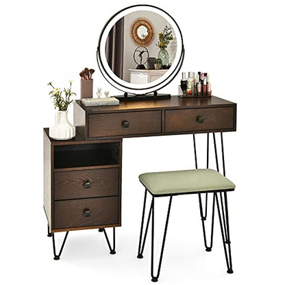 DORTALA Vanity Set, Wooden Makeup Dressing Table with 3 Colors Lighted Mirror & Stool, Left or Right Side Cabinet, Lipstick Storage Box, Large