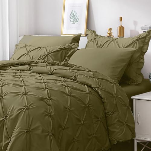 JOLLYVOGUE Olive Green Queen Size Comforter Sets 7 Pieces, Pintuck Bed in a Bag Comforter Set for Bedroom, Bedding Comforter Sets with Comforter, Sheets, Ruffled Shams & Pillowcases JOLLYVOGUE