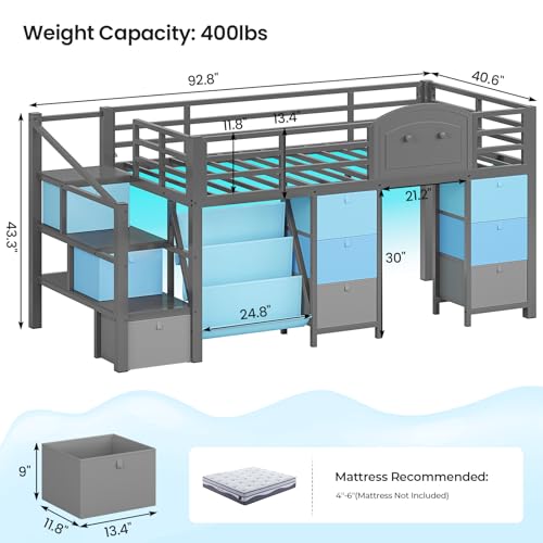 VIAGDO Low Loft Bed Twin Size with 9 Storage Drawers, Bookcase and LED Lights, Metal Kids Loft Bed with Wide Staircase, Open Shelves and Safety Guardrail, Twin Loft Bed with Under-Bed Playhouse, Grey VIAGDO