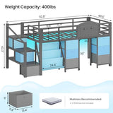 VIAGDO Low Loft Bed Twin Size with 9 Storage Drawers, Bookcase and LED Lights, Metal Kids Loft Bed with Wide Staircase, Open Shelves and Safety Guardrail, Twin Loft Bed with Under-Bed Playhouse, Grey VIAGDO