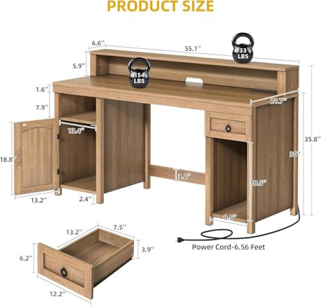 DWVO Farmhouse Office Desk with Drawer & Power Outlets, Rattan Computer Desk w/LED Strip & Monitor Stand for Bedchamber Study, Home Office Table w/Storage Cabinet for Working Writing Gaming (Oak) DWVO