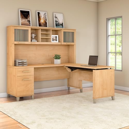 Bush Home Somerset 72W 3 Position Sit to Stand L Shaped Desk with Hutch in Maple Cross | Adjustable Height Table for Office Bush Home