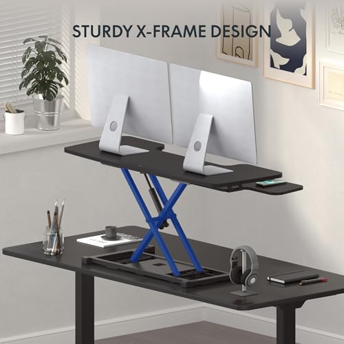 FLEXISPOT Standing Desk Converter 42-inch Spacious Sit to Stand up Dual Monitor and Laptop Riser, Big Size Tabletop Workstation with Large Keyboard Tray, Black FLEXISPOT