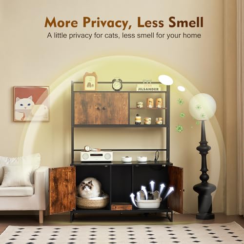 JanflyHome Cat Litter Box Enclosure with Power Outlet, 60'' Large Double Hidden Cat Litter Box Furniture with Shelf, Indoor Cat House Furniture with Cat Scratching Pad for 2 Cats, Vintage Brown… JanflyHome