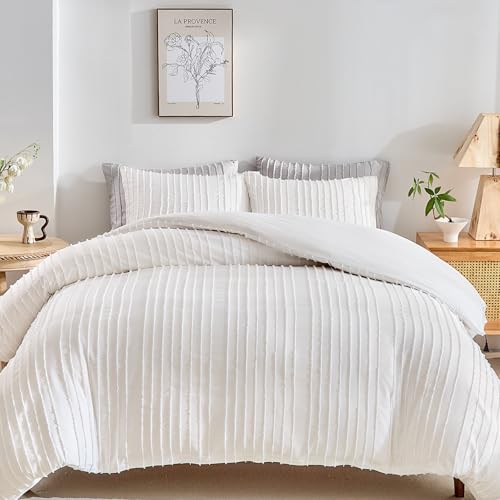 WARMDERN White Boho Duvet Cover Set Full Size, Striped Textured Duvet Cover Tufted Bedding Set, 3 Pcs Ultra Soft Washed Microfiber Duvet Cover with Zipper Closure (Full, White) WARMDERN
