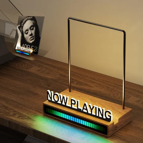 KORRTFID Now Playing Vinyl Record Stand, Light Up Vinyl Record Display Stand with RGB Sound Control Pickup Rhythm Lights Bar, Warm White Light with Fingerprint-Proof Acrylic Letters KORRTFID