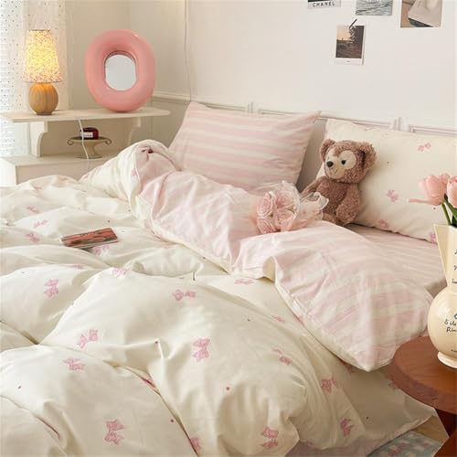 Sedefen Striped Duvet Cover Full Size Pink Stripes Bow Bedding Set 3 Pcs Cotton Princess Style Cute Bowknot Dot Reversible Comforter Cover for Kids Boys Girls with Zipper Closure and 2 Pillowcases Sedefen