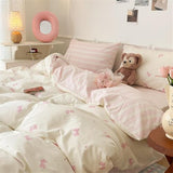 Sedefen Striped Duvet Cover Full Size Pink Stripes Bow Bedding Set 3 Pcs Cotton Princess Style Cute Bowknot Dot Reversible Comforter Cover for Kids Boys Girls with Zipper Closure and 2 Pillowcases Sedefen