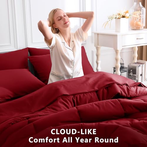 CozyLux Queen Comforter Set Dark Red, 7 Pieces Bed in a Bag, Red Comforters Queen Size, All Season Bedding Sets with Stitch Quilted Comforter, Flat Sheet, Fitted Sheet, Pillowcases CozyLux