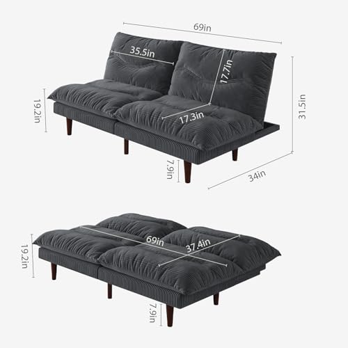 DreamDashio Futon Sofa Bed, 69 inch Futon Couch with Adjustable Backrest, Corduroy Convertible Sleeper Sofa Bed, Folding Sleeper Recliner for Apartment, Living Room, Office, Grey DreamDashio