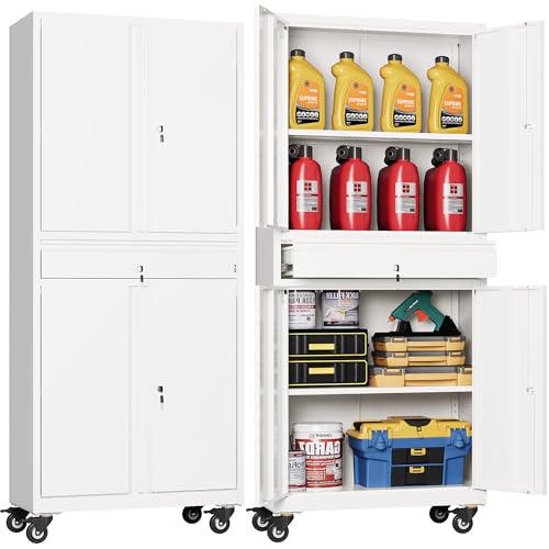 DEVAISE Metal Garage Storage Cabinet with Locking Doors and Adjustable Shelves, Rolling Tool Cabinet with Drawer for Garage,Warehouse,Home,Office (White) DEVAISE