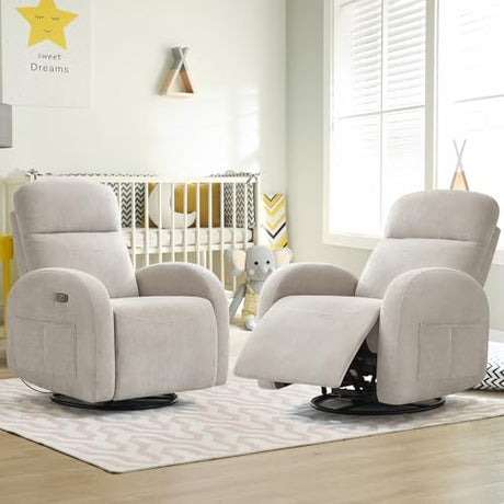 AEMEIOS Nursery Glider Recliner, Power Swivel Rocking Recliner with USB & Type-C Port, Swivel Nursering Reclining Rocker with Double Pockets for Living Room, Camel Chenille AEMEIOS