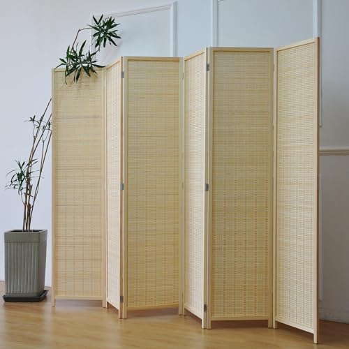 Furnnylane 6 Panel Bamboo Room Divider and Folding Panel Screen,Bamboo Panel Divider for Room Separation,Beige,67" H x 92.1" W Furnnylane