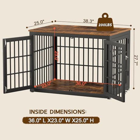 rehomerance 38 Inch Heavy Duty Dog Crate Furniture for Large and Medium Dogs, Decorative Pet House End Table, Wooden Cage Kennel Furniture Indoor, Rustic Brown rehomerance
