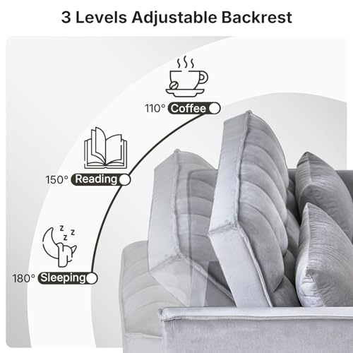 Rovibek 3 in 1 Sleeper Sofa Bed, 53'' Pull Out Couch Convertible Futon Loveseat with Adjustable Backrest, Velvet Sleeper Chaise Lounge Futon for Apartment Office Small Space, Grey Rovibek