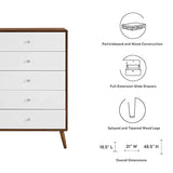 Modway Transmit Mid-Century Modern Wood Walnut White, 5-Drawer Chest Modway