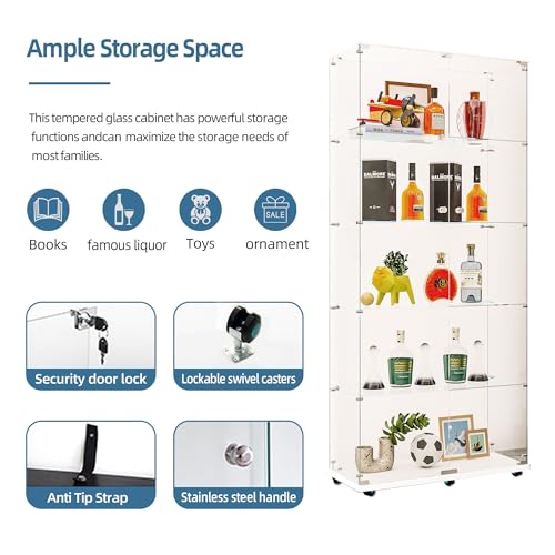 TRJQBCC 74" H Tempered Glass Display Cabinet with LED Lights, 5-Shelf Wooden Curio Storage Cabinet with Tempered Glass Top & Casters, 2 Door Lockable Display Case Bookshelf for Living Room(White) TRJQBCC