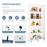 TRJQBCC 74" H Tempered Glass Display Cabinet with LED Lights, 5-Shelf Wooden Curio Storage Cabinet with Tempered Glass Top & Casters, 2 Door Lockable Display Case Bookshelf for Living Room(White) TRJQBCC