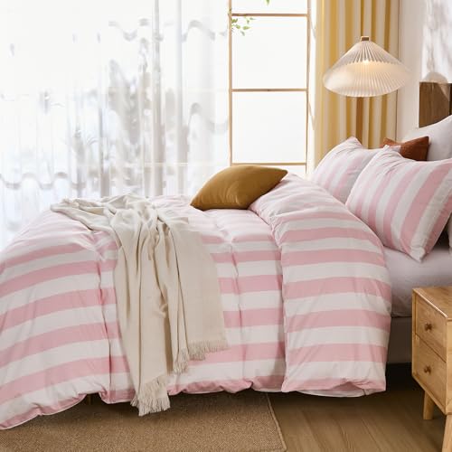 Merryword Pink and White Striped Duvet Cover Set Queen Size, 100% Cotton Bedding Set with Zipper Closure & 8 Corner Ties, Luxury Linen Like Bedding, Soft Breathable Comforter Cover for All Seasons Merryword
