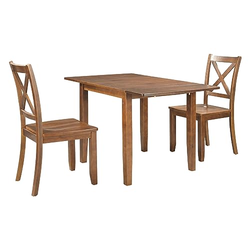LUMISOL 3-Piece Wood Drop Leaf Dining Table Set with 2 X-Back Chairs, Space-Saving Breakfast Nook Dining Set for 2 People, Extendable Kitchen Table Set, Brown LUMISOL