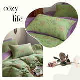 VM VOUGEMARKET Linen Cotton Jacquard Duvet Cover Queen,3 Pcs Yarn-Dyed Textured Duvet Cover Set Green Purple Floral Bedding Breathable, Natural Wrinkled Look-No Comforter VM VOUGEMARKET
