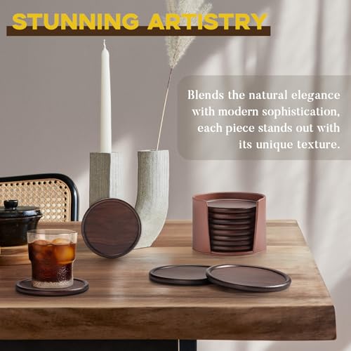 Wood Coasters with Leather Holder, GOH DODD Set of 8 Wooden Coaster Set for Drinks Desk Coffee Table Home Kitchen Office Bar, Tabletop Protection Living Room Decor, Walnut Coasters, 4 Inch GOH DODD