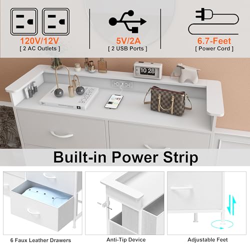 Welfuturer White Dresser for Bedroom with Charing Station and LED Light 6 Drawer Dresser with PU Finish Fabric Chest of Drawers for Closet Living Room Hallway Sturdy Steel Frame Double Wooden Tabletop