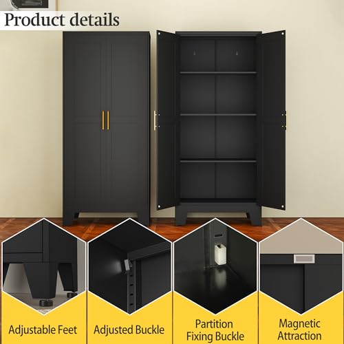 RISTERN Black Metal Storage Cabinet, 61" Steel File Cabinet for Home Office, Kitchen Pantry Storage Cabinet with Doors and 3 Adjustable Shelves, Metal Tool Cabinet, for Office, Home, Garage,  - WoodArtSupply